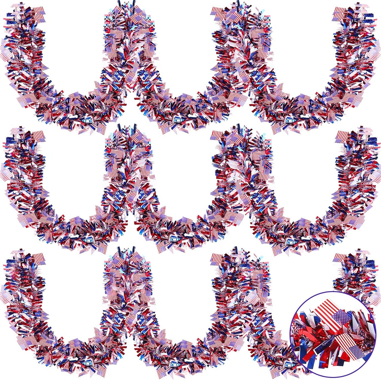 3 Pcs 4th of July Patriotic Tinsel Garland - 60ft Total Red White Blue Metallic Twist Garland - American Flag Stars & Stripes Decor for 250th Anniversary, Memorial Day Parades, & Home Party Displays